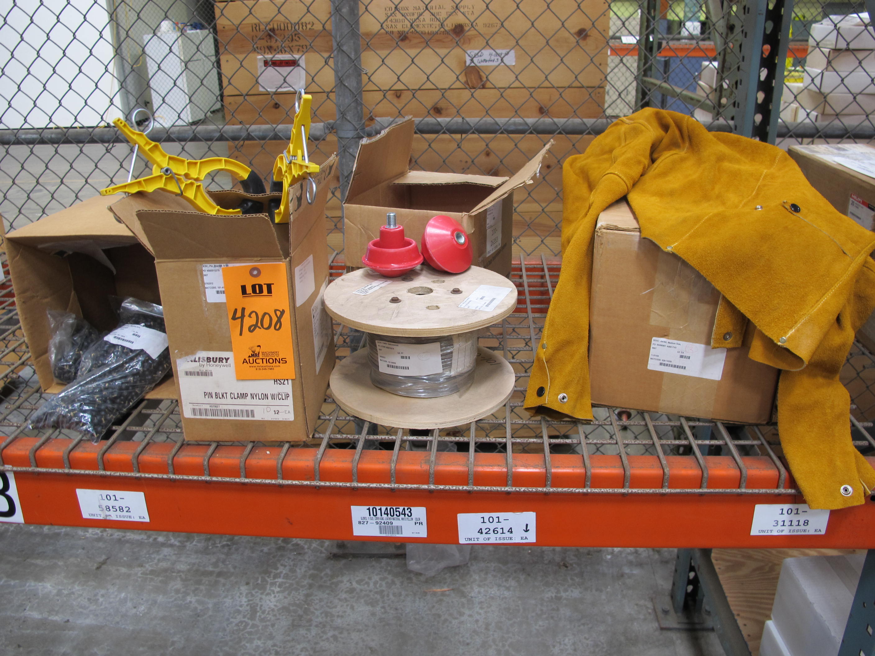 LOT TO INCLUDE: (3 BAGS) BUMPERS, MACHINE SCREW KIND, 0.438" DIA X 6-32 THREADS SIZE, VARIOUS COLORS. 1000 BUMPERS PER BAG, (8) INSULATORS, 4" DIA X 3" LG SIZE, HANGER CLAMP KIND, FIBERGLASS REINFORCED POLYESTER MATERIAL. 5KV USE WITH HANGER CLAMP PT# 11370, (2) JACKETS, MEDIUM SIZE, WELDERS KIND, LEATHER MATERIAL. 22" LG BODY, (1) CABLE, INSTRUMENTATION KIND, 8 CONDUCTOR OTHER, 24 AWG. SIZE. TINNED COPPER, S-R PVC INSULATED CONDUCTORS CABLED, BELDFOIL ALUM. LOADING & HANDLING FEE $15-4208